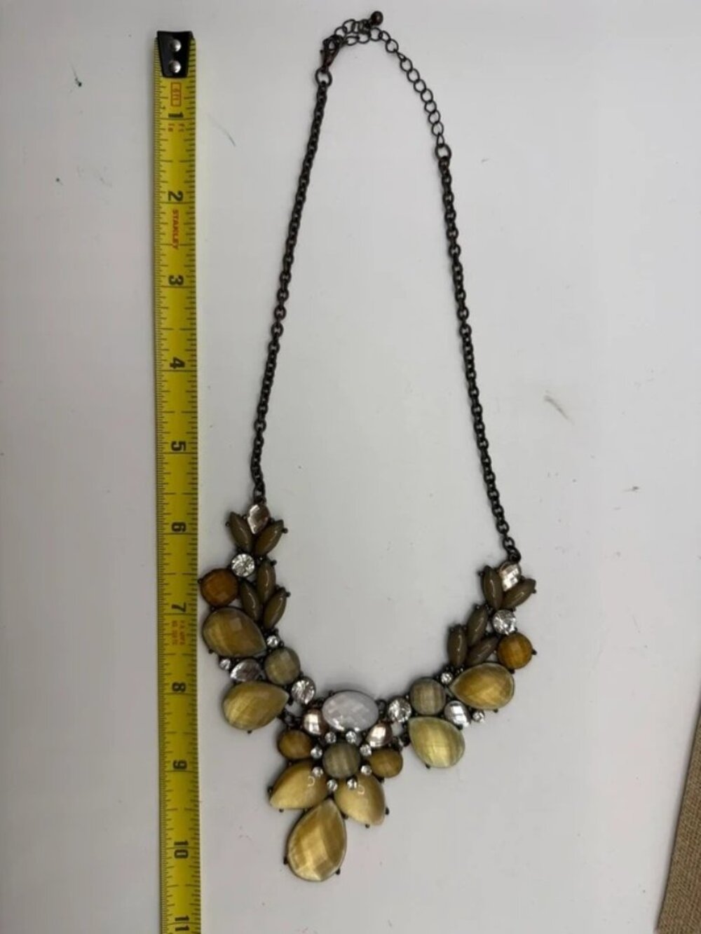 Statement Bib Necklace Gray Gold Faceted Acrylic Rhinestone Boho Chic - Picture 4 of 6